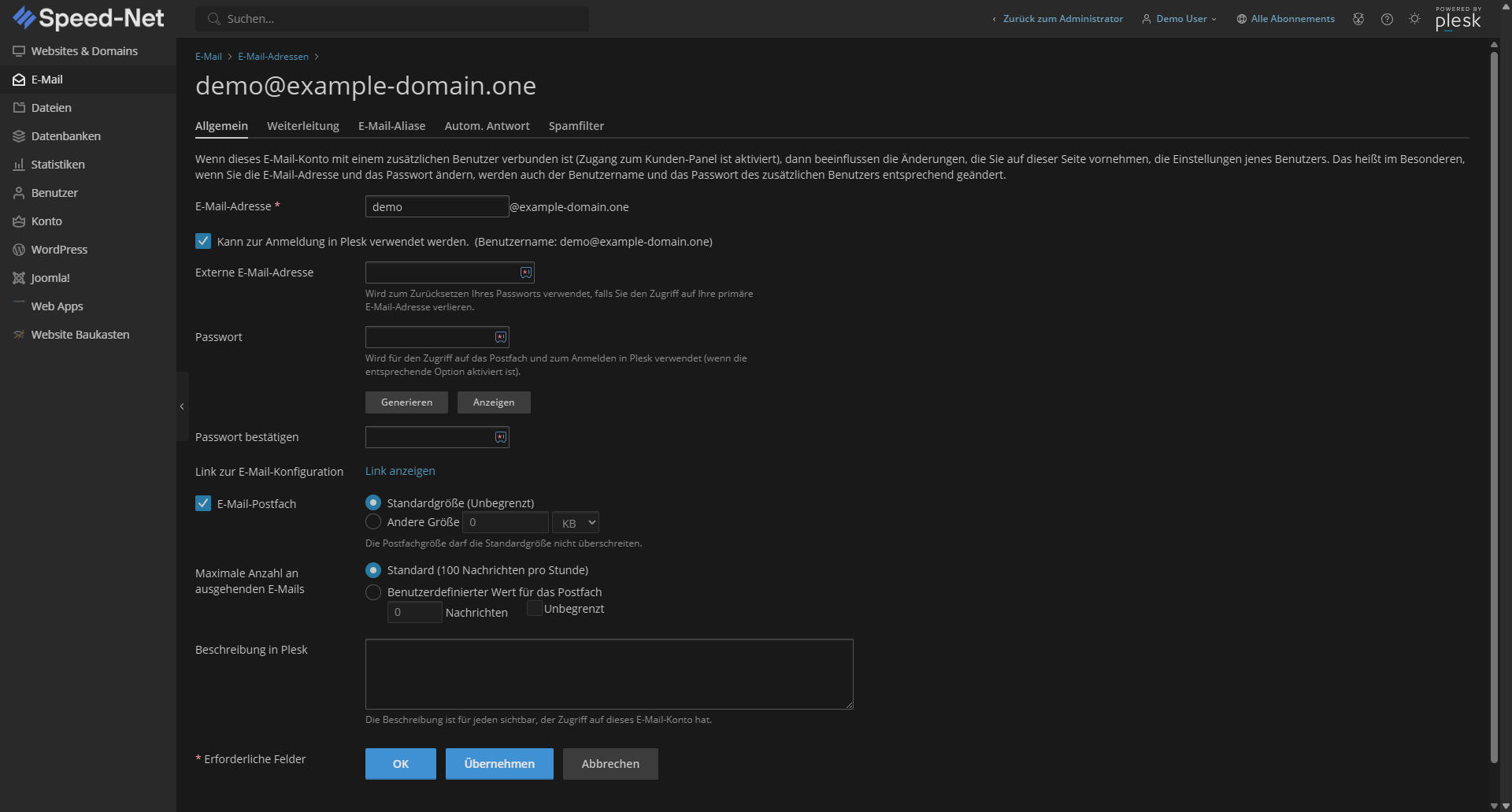 E-Mail-Konto Verwaltung in Plesk
